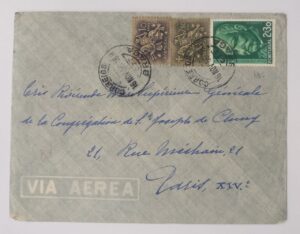 1956 - Correio Aéreo - Selos da Autoridade de D. Dinis e Prof. Doutor Ferreira da Silva, Porte de 4$90 - Braga/Paris