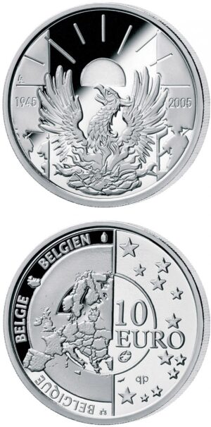 2005 - Bélgica - 10€ Proof - 60 anos de paz e liberdade