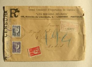 1917 - Censura - Envelope comercial registado, com 2 ctv carmim rosa, 2 1/2 ctv violeta e 8 ctv ardósia - Lisboa (15.Fev.17)/Madrid 817.Fev.17)