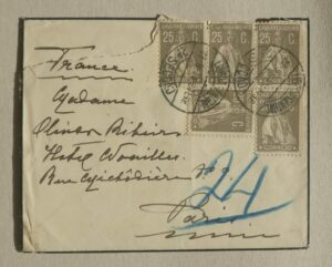 1930 - Ceres - Sobrescrito com 5 selos de 25 ctv cinzento - Lisboa (29.9.30)/Paris
