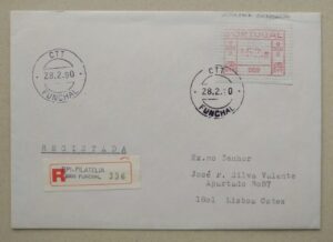 Etiquetas - Máq. 9, último dia de serviço (28-2-1990). Envelope Registado, Funchal/Lisboa, porte de 52$00