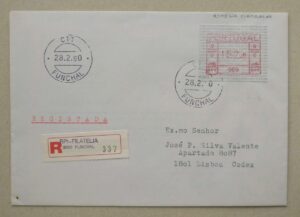 f- Etiquetas - Máq. 9, último dia de serviço (28-2-1990). Envelope registado, Funchal/Lisboa, porte de 152$00