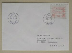 f - Etiquetas - Máq. 9, último dia de serviço (28-2-1990). Envelope circulado, Funchal/Lisboa, porte de 60$00