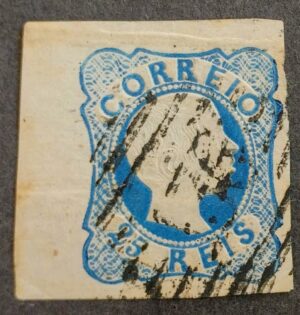 1856-58 - Selo Nº 12 - D. Pedro V. Cabelos anelados, 25 reis azul claro