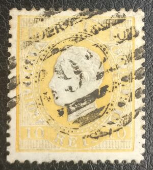1867-1870 - Selo Nº 28 - 10 reis amarelo, D. Luís I.Fita curva, denteado. Carimbo de Oliveira do Hospital