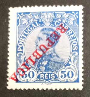 1910 - Selo nº 172, 10 r verde com sobrecarga invertida - Selo de D. Manuel II