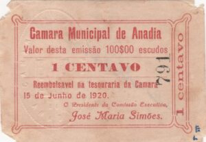 Cédula, Camara Municipal de Anadia - 1 Centavo