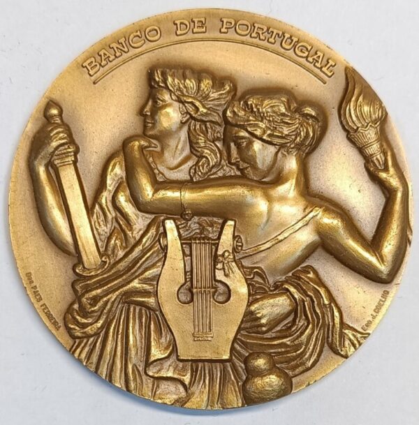 Medalha, 13º encontro / Banco Portugal / Figuras alegóricas da poesia e da justiça (nota de 1.000$00 de 1922)