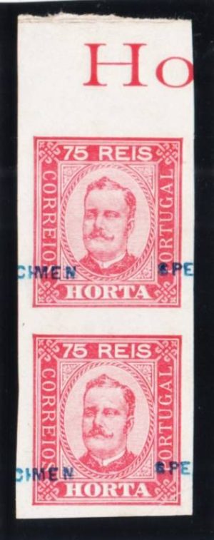 1892/93 - Horta - Prova specimen - Par vertical de D. Carlos, 75 réis carmim