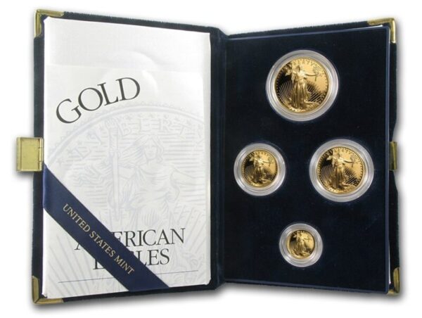 ESTADOS UNIDOS, 2001, Caixa com 4 moedas PROOF - 50 + 25 + 10 + 5 Dólares Ouro